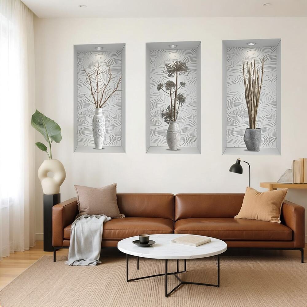Set of 3 Self-Adhesive 3-D Recessed Wall Niche Decals--Plants In Vases 23" x 12"